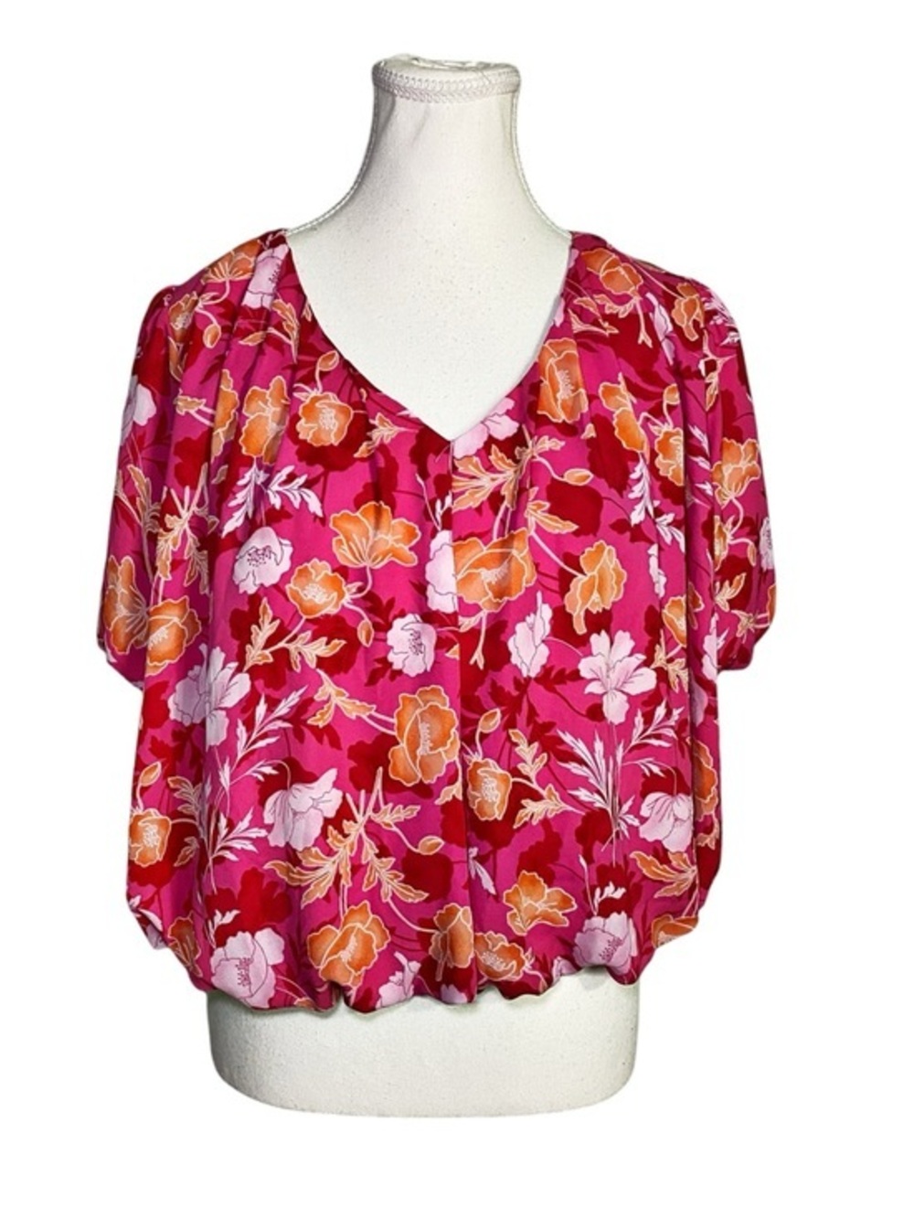 Pleione Bright Pink Orange Floral V-Neck Bubble Hem Blouse Top